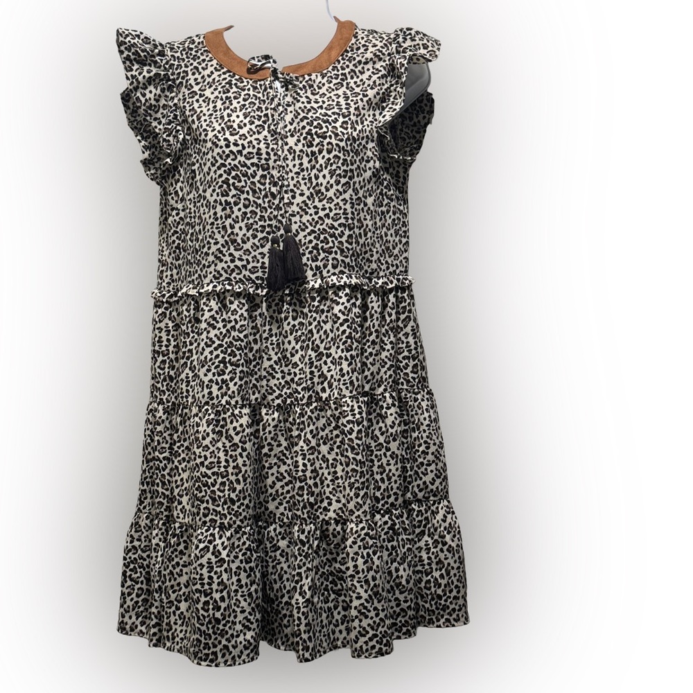 THML Leopard Print Ruffle Sleeve Tiered Dress Tassel Tie Neckline - Size Small